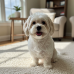 Bichon Havanais glad bichon havanais inomhus sittande på matta vid fönster