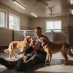 Att våga satsa på drömmen äldre man leker med hundar på en kennel