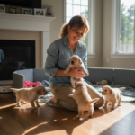 Hundköpet och dess kostnader hunduppfödare som leker med valpar inomhus