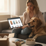 Var smart och handla dina hundprylar online kvinna med hund i soffa shoppar hundfoder och prylar online